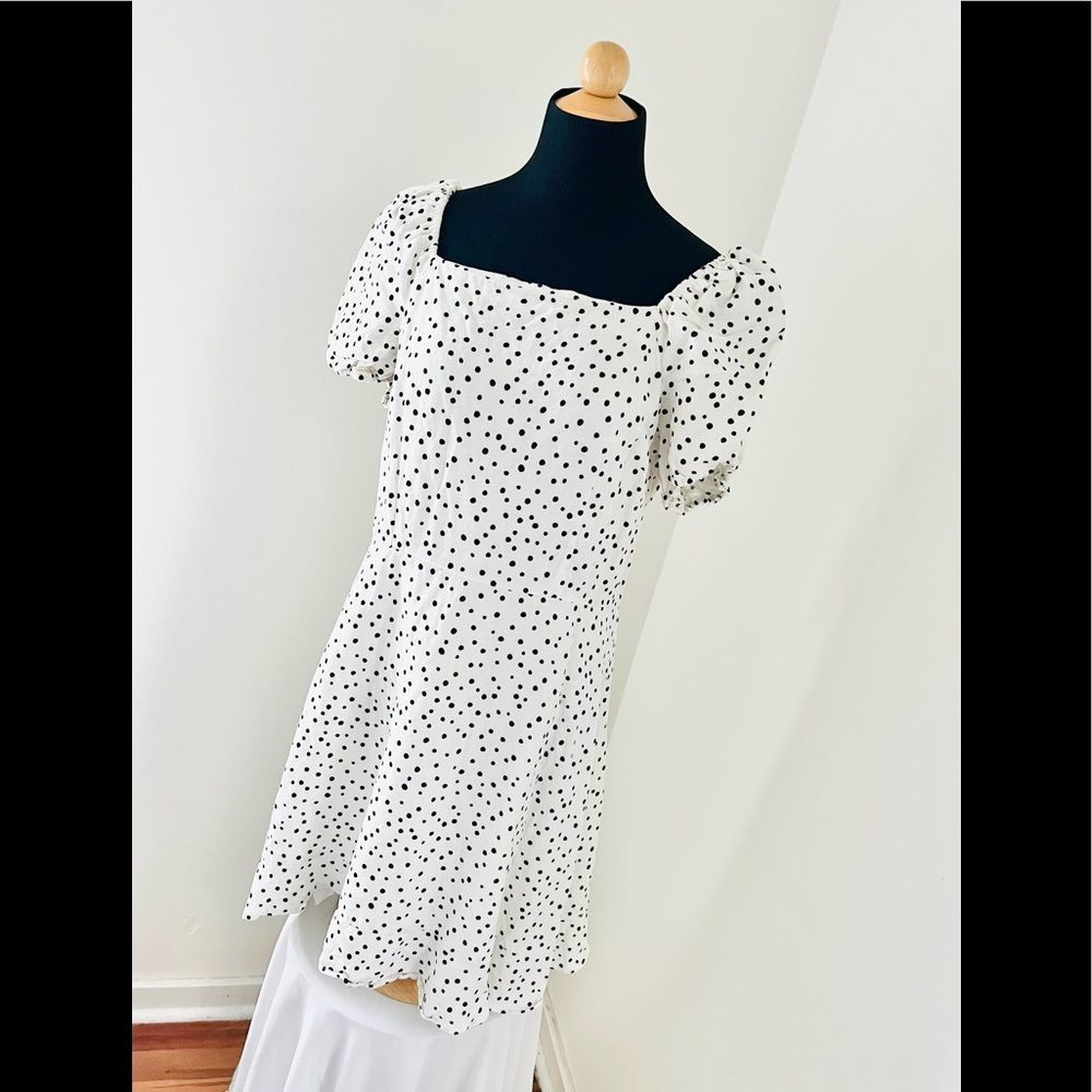 LOFT Ivory Black Polka Dot Linen-Blend Puff Sleeve Lined Dress 10